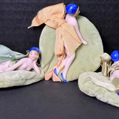 Antique Art Deco Reclining Nude Bisque Figurine Pin Cushions Made in Germany