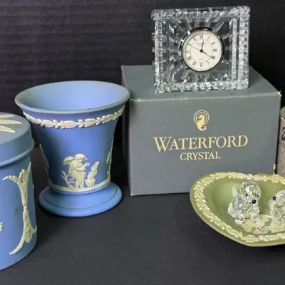 Waterford Crystal Clock, Wedgwood Jasperware & Swarovski Crystal Figurines