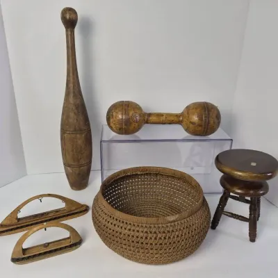 Antique Wood Indian Club & Barbell, Coiled Basket, Miniature Piano Stool & Weaving Shuttles