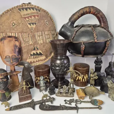 African Metal & Wood Figurines, Maasai Shield, Kettle & More