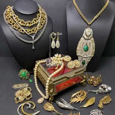 Crown Trifari, Coro, Krementz & More Vintage Costume Jewelry with Ormolu Jewelry Casket