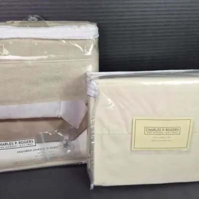 New Charles P. Rodgers Queen Linen Bedskirt & Full Sized 400 Thread Count Cotton Sheet Set