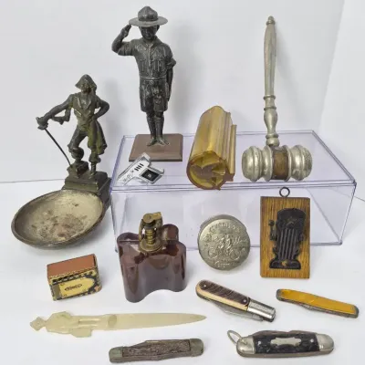 Vintage Desk Articles - Catalin Lighter, Paul Herzel Pompeian Pirate Ashtray, Pocket Knives & More