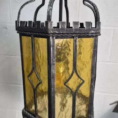 Gothic/Spanish Revival Wrought Iron & Amber Glass Hanging Lantern 1 of 2