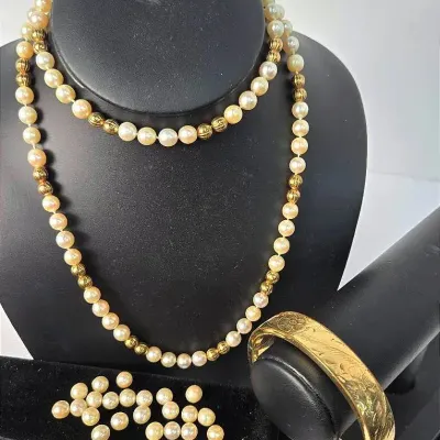 Vintage 12K Gold Filled Hinged Bangle Bracelet; Plus Cultured Pearl Necklace, Unstrung Pearls