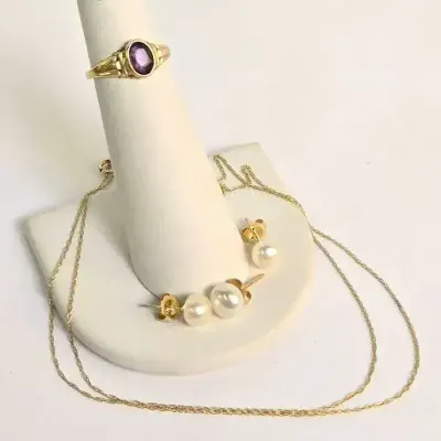 10K Gold Ring, Fine Chain & Cultured Button Pearl Earrings