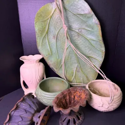 Midcentury Pottery Planters, Cast Iron Planters & Verdigris Leaf Tray