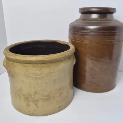 Antique Stoneware Crocks: J Bourne & Son Denby UK, J Fisher & Co Lyons NY