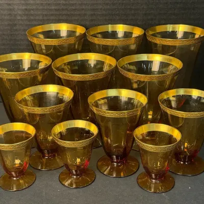 Vintage Laurel Amber Tiffin-Franciscan Glass Gold Encrusted Stemware