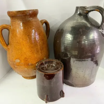 Primitive Stoneware Jug 16" & Jar 15", Plus Poultry Waterer