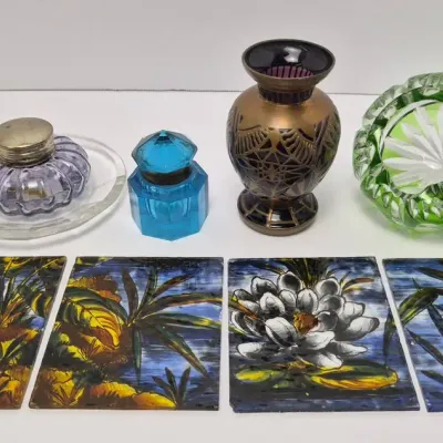 Art Deco Luciana Roselli Intaglio Dish, Reverse Painted Glass Panels, Copper Overlay Vase, More