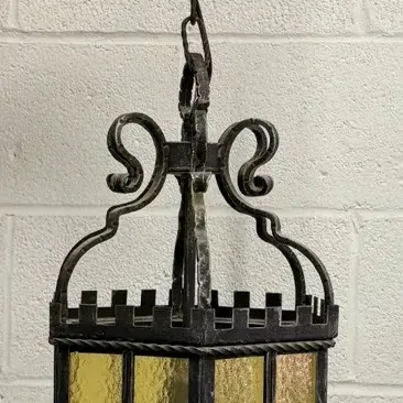 Gothic/Spanish Revival Wrought Iron & Amber Glass Hanging Lantern 2 of 2