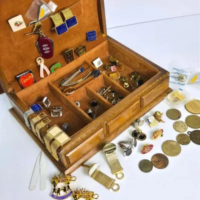 Men's Jewelry Box With Cuff Links, Tie Tacks, Lapel Pins, Shirt Studs, Coins, Tokens