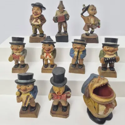 Vintage ANRI Carved Wood Big Mouth Toothpick Holder & More Miniature Black Forest Figurines