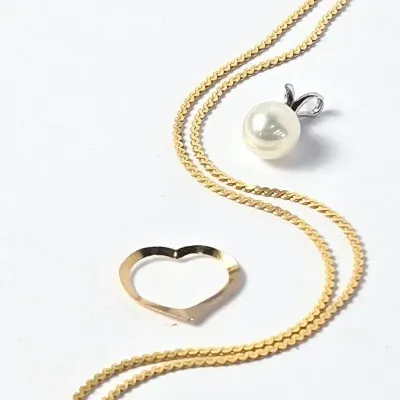 14K Gold Italy Serpentine Chain Neckace & Heart & Pearl Pendant