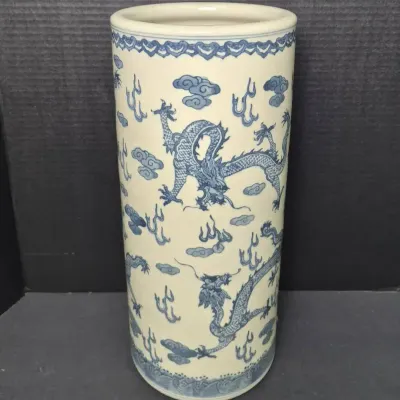 Asian Ceramic Blue & White Dragon Motif Umbrella Stand
