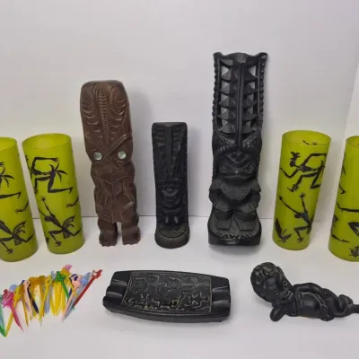 Vintage Federal Glass Native Dancers Bar Glasses Plus Tiki Figurines & More