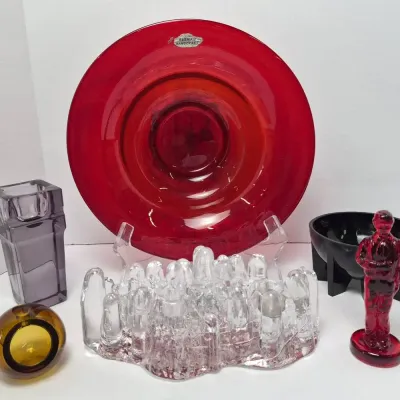 Midcentury Blenko Red Glass Bowl 11" Diameter, Kosta Boda Polar Candleholder, More