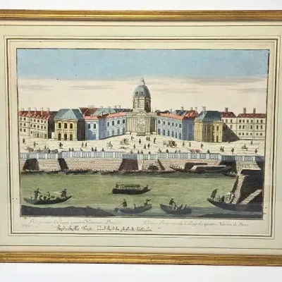 Antique French Vue d'Optique Optical Print of the Seine River & College of Four Nations Paris