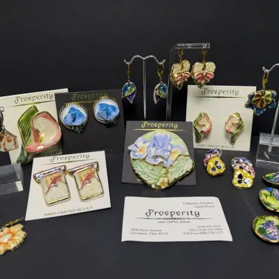 Prosperity Hand Crafted Ceramic Jewlery: Earrings, Brooches, Button Covers 