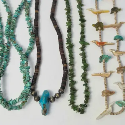 Turquoise, Heishi & Carved Fetish Necklaces, One with Sterling Silver Clasp