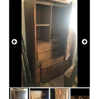 Sale Photo Thumbnail #68: Brutalist mid-century modern wooden armoire featuring textured relief panels, interior drawers, and open shelving.