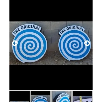 Sale Photo Thumbnail #23: Pair of large illuminated business signs featuring blue spiral swirls and text reading "THE ORIGINAL."