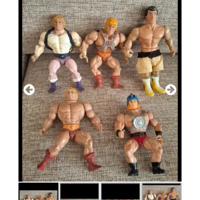 Group of vintage 1980s action figures, including Masters of the Universe He-Man variants and a boxing figure, showing light play wear.