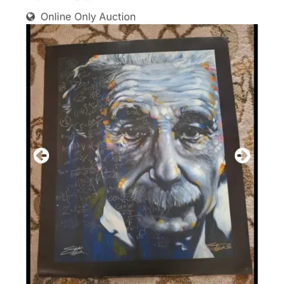Sale Photo Thumbnail #40: Pop art portrait print of Albert Einstein featuring colorful details and mathematical equations overlaid on a dark background, signed and numbered in the lower corner.