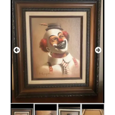 Sale Photo Thumbnail #30: Framed oil painting on canvas depicting a smiling clown, signed Hoppe in the lower left corner and set in an ornate dark wood frame.