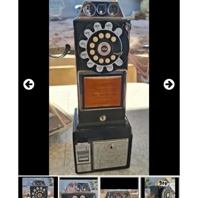 Sale Photo Thumbnail #66: Vintage 3-slot rotary payphone in black housing with chrome accents, labeled Public Telephone 1956 on the dial center.