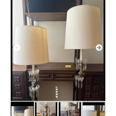 Sale Photo Thumbnail #96: Pair of vintage hanging swag lamps featuring crystal prism accents and off-white cylindrical fabric shades.
