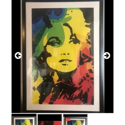 Sale Photo Thumbnail #48: Framed pop art print featuring a colorful portrait in vibrant yellow, green, and red hues, set in a black frame with white matting.