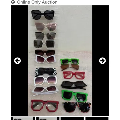 Sale Photo Thumbnail #49: Collection of various fashion sunglasses, including aviators, oversized frames, cat-eye styles, and novel pixel-style glasses.