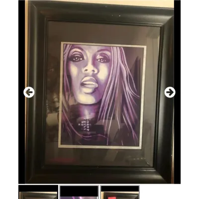 Sale Photo Thumbnail #42: Framed purple-toned portrait artwork depicting a woman, housed in a thick black molding frame with matting.