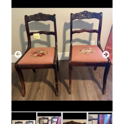 Sale Photo Thumbnail #28: Pair of antique dark wood side chairs featuring carved crest rails and needlepoint floral seats.