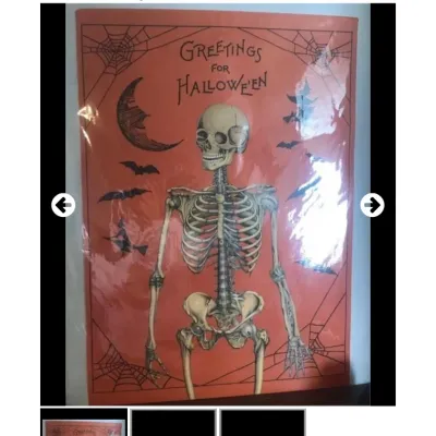 Sale Photo Thumbnail #58: Vintage-style 'Greetings for Hallowe'en' wall hanging, measuring 20 by 27 inches, featuring a full skeleton alongside bats, a witch on a broomstick, and spiderwebs on an orange background.
