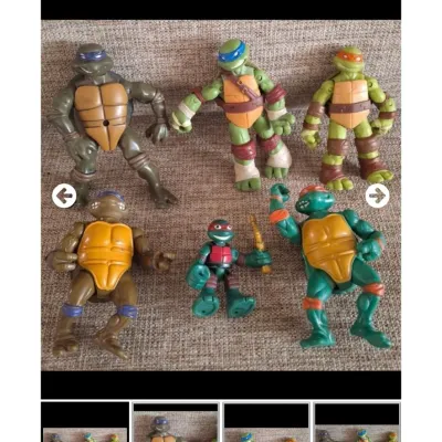 Sale Photo Thumbnail #26: Collection of six vintage Teenage Mutant Ninja Turtles action figures from various eras, displaying play wear and missing accessories.