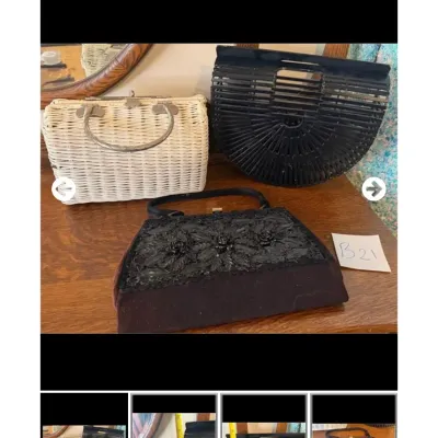 Sale Photo Thumbnail #82: Trio of vintage women's handbags including a white woven wicker purse with metal handles, a black slatted fan-style bag, and a black beaded fabric clutch.