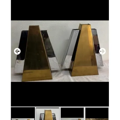 Sale Photo Thumbnail #21: Pair of vintage Art Deco style two-tone brass and chrome geometric sculptural vases.