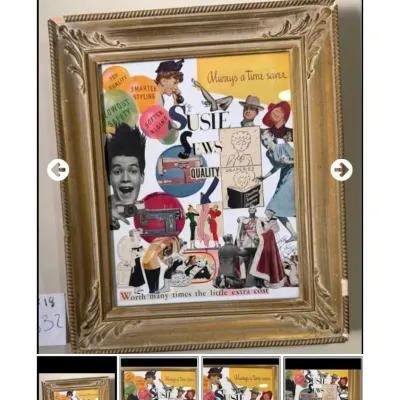 Sale Photo Thumbnail #64: Framed vintage-style collage artwork featuring retro magazine cutouts and sewing motifs, housed in an ornate gilded frame.