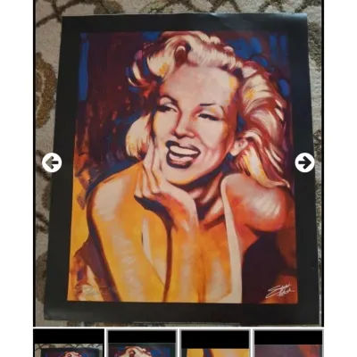 Sale Photo Thumbnail #29: Marilyn Monroe pop art style unframed poster, featuring a vibrant portrait with warm yellow and orange tones against a dark background, signed in the lower corner.