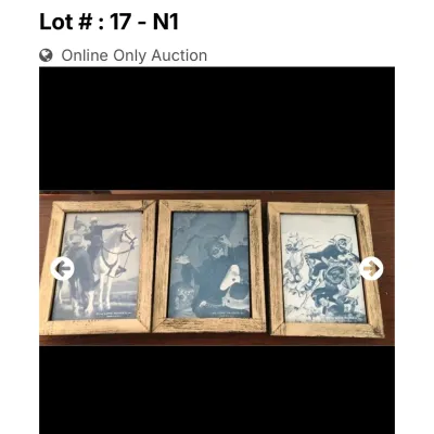 Set of three vintage framed monochrome prints featuring Western scenes, including illustrations of The Lone Ranger.