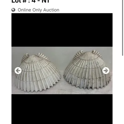 Pair of vintage shell-form wall sconces with a distressed white ceramic finish and detailed ribbed texture.
