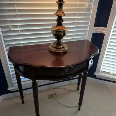 Sale Photo Thumbnail #14: Demilune hall table with drawer, reeded legs and brass pull