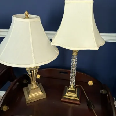 Sale Photo Thumbnail #12: Gold scroll lamp and cut crystal column lamp, shown on a mahogany butler's tray table