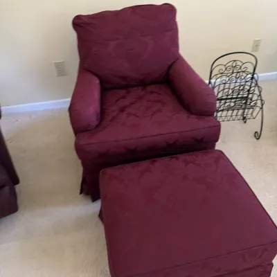 Sale Photo Thumbnail #18: Burgundy damask club chair with matching ottoman and wrought iron magazine rack