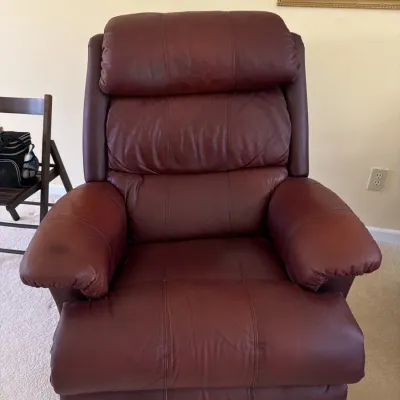 Sale Photo Thumbnail #16: Burgundy leather rocker recliner, one of a pair