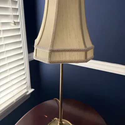 Sale Photo Thumbnail #10: Brass candlestick lamp with octagonal silk shade