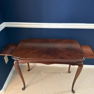 Sale Photo Thumbnail #15: Queen Anne style tea table with sunburst veneer top and pull out candle slides